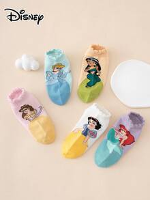 5 pares de calcetines de tobillo para niños de la serie Disney con dibujos animados divertidos, patrones de princesas y encaje con volantes - Multicolor - Ver 4