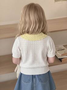 White Sweet Spring/Summer Casual Knit Sweater, Bow Design, Yellow Collar Design, Contrast Ruffle Collar Knit Sweater, Comfortable Versatile Daily Top, Suitable For Young Girls Back To School Season And More, Young Girl Round Neck Short Sleeve Sweater - White - View 4