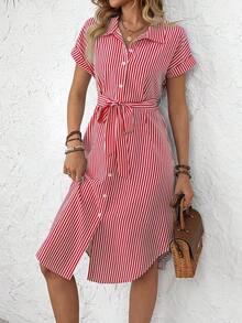 Vestido midi casual de mujer con botones frontales a rayas, vestido de verano con cintura anudada, vestido de trabajo de verano, vestido preppy, vestido con botones para mujer, vestido a rayas azul, vestidos de verano para mujer, conjuntos de v - Rojo y blanco - Ver 1