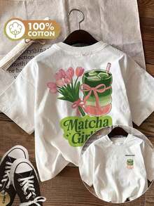 Women's Solid Color T-Shirt With Double-Sided Print, Cute Style, Tulip, Iced Drink And Matcha Design, Casual, Crew Neck, Short Sleeve, Summer Top. - White - View 7