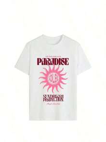 [Entrega Local]Playera Para Mujer [Entrega Local]Playera Para Mujer Camiseta holgada estilo Y2K para mujer, ligera y cómoda con cuello redondo, estampado gráfico de sol rosa "Paradise The Sun Came Up In Soleil", estilo retro urbano popular de INS, uso diario casual para escuela, picnic, festival de música, envío gratis. - Blanco - Ver 2