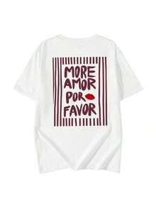 Women's Short-Sleeved T-Shirt With A Retro "More Love Please" Print, Spanish Aesthetic Style, Loose Fit, Round Neck, Casual Top, Suitable For Everyday Wear, Streetwear, Summer Outings, And Vacations. White. 100% Cotton. - 白色 - 查看 2
