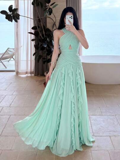 Sedessea Women's Elegant Sexy Multi-Layer Ruffle Patchwork Design Fashionable Flared Lightweight Luxury Solid Color Dress, Elegant Wedding Party, Aesthetic