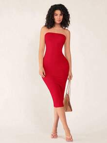 Vestido casual ceñido con escote strapless para cena para mujer - Rojo - Ver 6