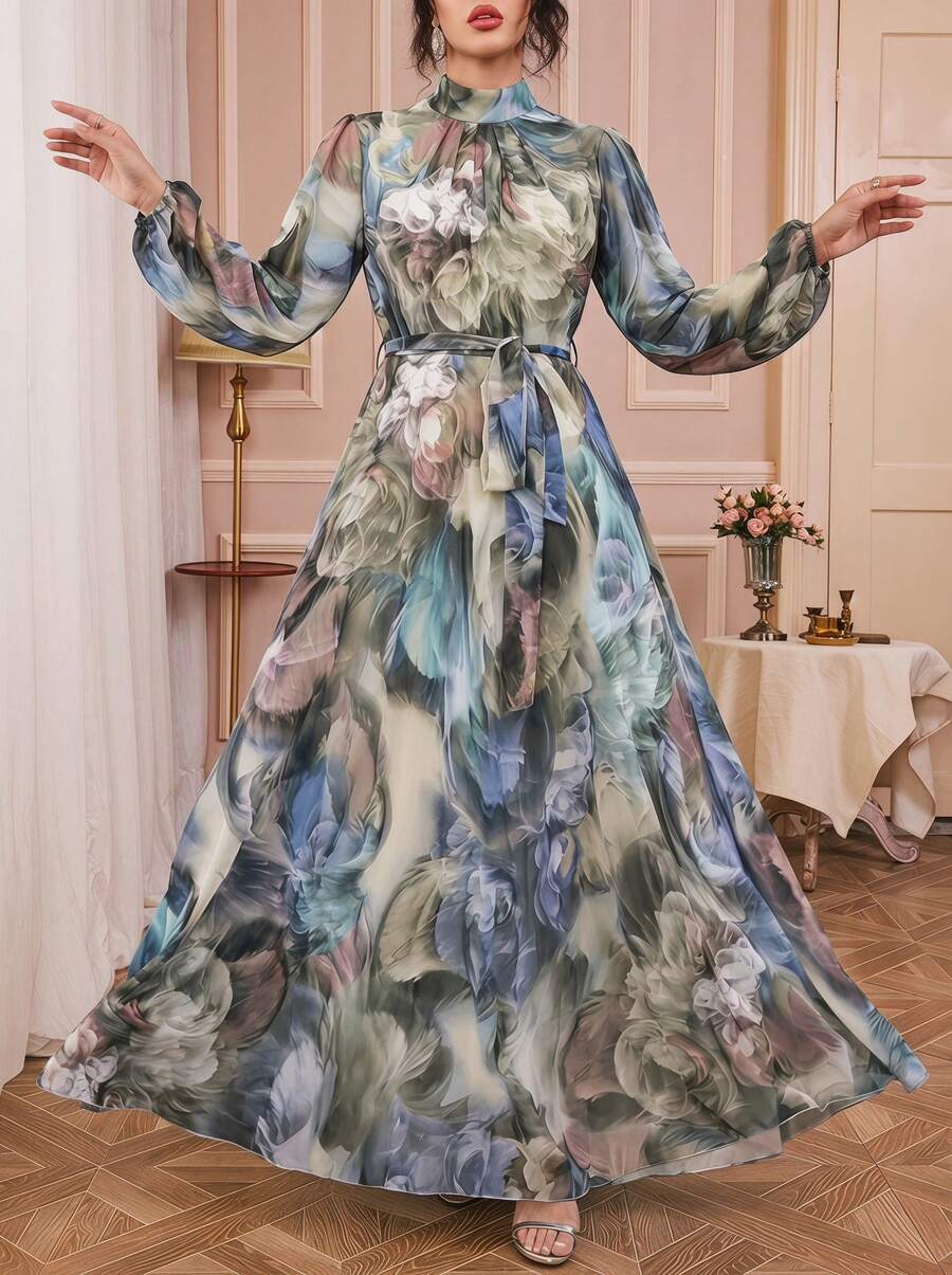 Solessence 女士优雅印花灯笼袖阿拉伯风格连衣裙，适合春假穿着 - 藍色 - 查看 1