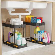 Organizador negro para debajo del fregadero (paquete de 2), estante de almacenamiento extensible con 16 ganchos, organizador multifuncional para cocina y baño. - Ver 1