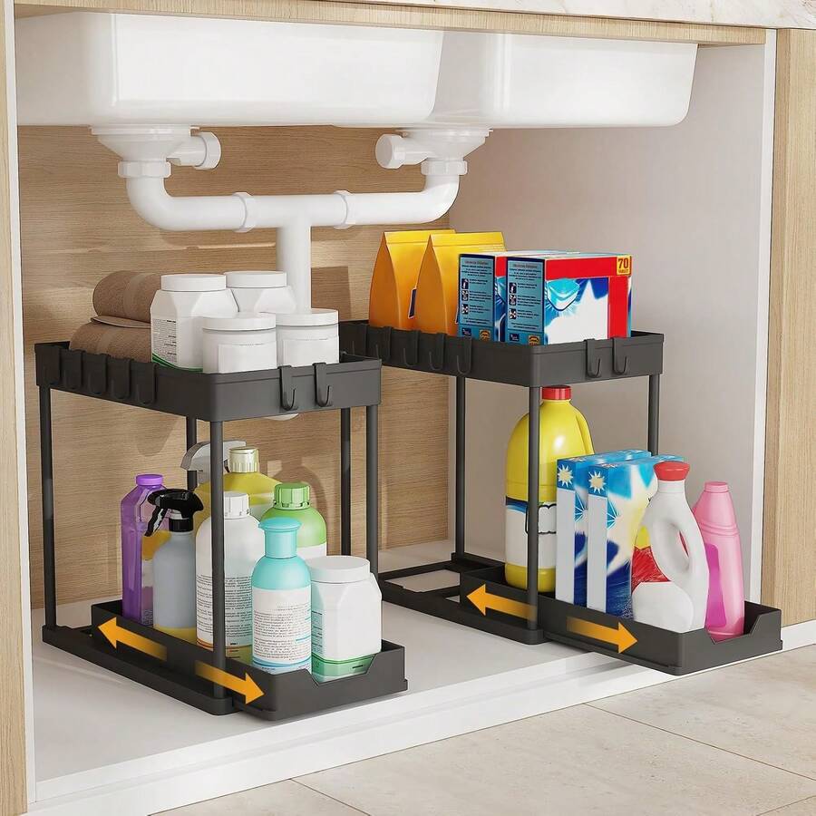 Organizador negro para debajo del fregadero (paquete de 2), estante de almacenamiento extensible con 16 ganchos, organizador multifuncional para cocina y baño. - Ver 1