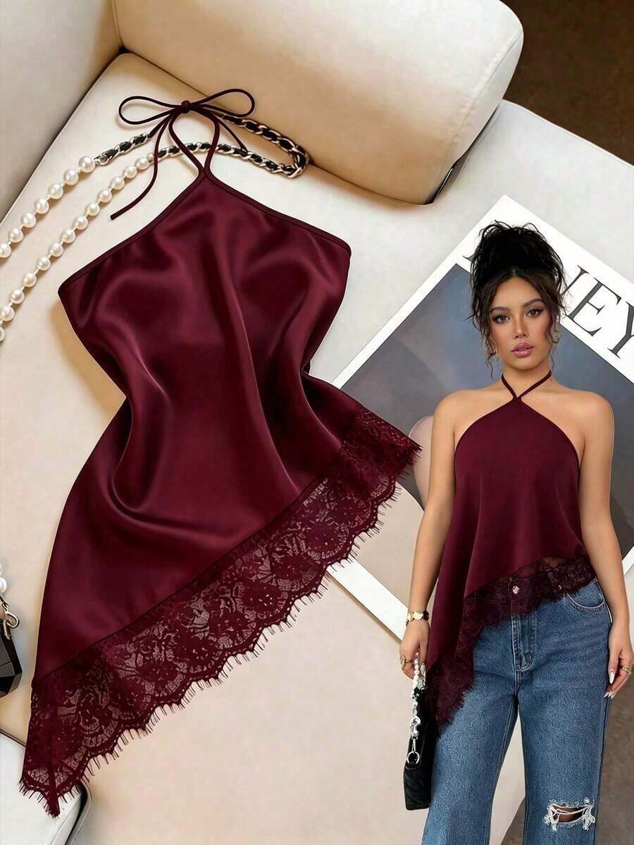 Nuevo top de verano para mujer con cuello halter, espalda descubierta y encaje, blusa ajustado sin mangas sexy, adecuado para fiestas, cócteles, ocasiones formales y casual de negocios, conjunto de playa para mujer - Burdeos - Ver 1