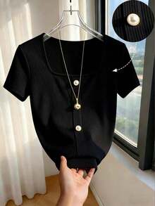Camiseta elástica de manga corta con cuello cuadrado en color albaricoque sólido, diseño minimalista, adecuada para uso diario, con decoración de botones, diseño minimalista, para verano, versátil - Negro - Ver 8