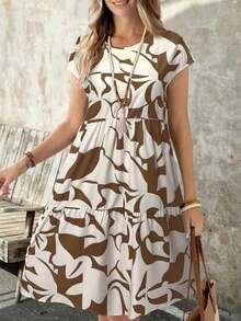 Vestido corto con cuello redondo y manga corta de estampado geométrico, casual para mujer, adecuado para primavera/verano - Marrón - Ver 7