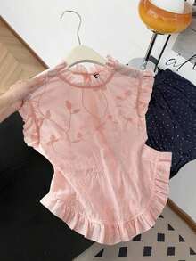 Camisa sin mangas de mujer con bordado y volantes - Rosa Pálido - Ver 3