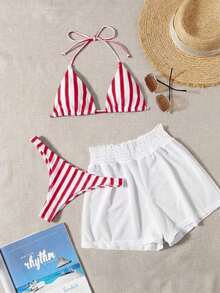 3 piezas de bikini - Bottom a rayas azul y blanco, shorts de cubrir blancos, ropa de playa casual para vacaciones de primavera/verano, fiesta en la playa - Rojo - Ver 7