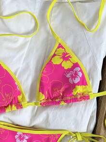 Conjunto de bikini de 2 piezas con estampado floral diminuto y escote halter para vacaciones y playa - Multicolor 4 - Ver 3
