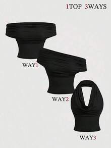 Set de 2 blusas casuales de unicolor de ajuste ceñido que se pueden usar de 3 maneras para mujeres - Rojo y negro - Ver 5