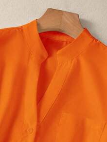 Camisa de mujer de unicolor con cuello en V y botones - Blusa casual y elegante de manga larga con detalle de bolsillo, adecuada para vacaciones, viajes y uso diario, artículo esencial para todas las estaciones, Primavera Blanco - Naranja - Ver 6