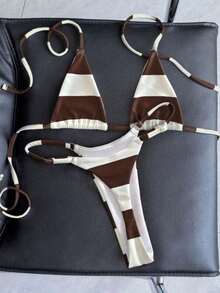 Conjunto de bikini de rayas coloridas y sexy para primavera/verano 2026, traje de baño de estilo minimalista de tres puntos para mujeres jóvenes - Multicolor 12 - Ver 5