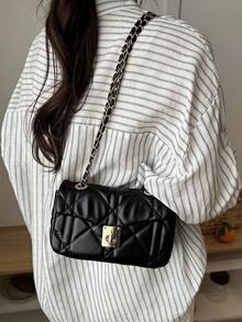 2026 Luxury Quilted Solid Color PU Special Lock Shoulder Bag For Women, Multi-Functional Clutch, Suitable For Daily Outings, Work, Parties, Dates And More, Also Great As A Gift - Black - View 3