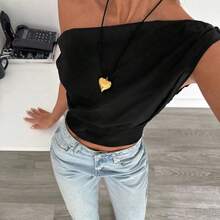 Women's Casual Elegant Asymmetric Ruched Cropped Top, Suitable For Summer, Suitable For Everyday Wear Brown - Marrón - Ver 2