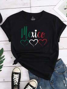 Playera mujer 1 pieza, casual regular para mujer, playera de manga corta con estampado de corazón de México para mujer, playera de manga corta con estampado de corazón, cómoda y casual para mujer, top negro para mujer, ropa casual diaria de primavera y verano. - Negro - Ver 1
