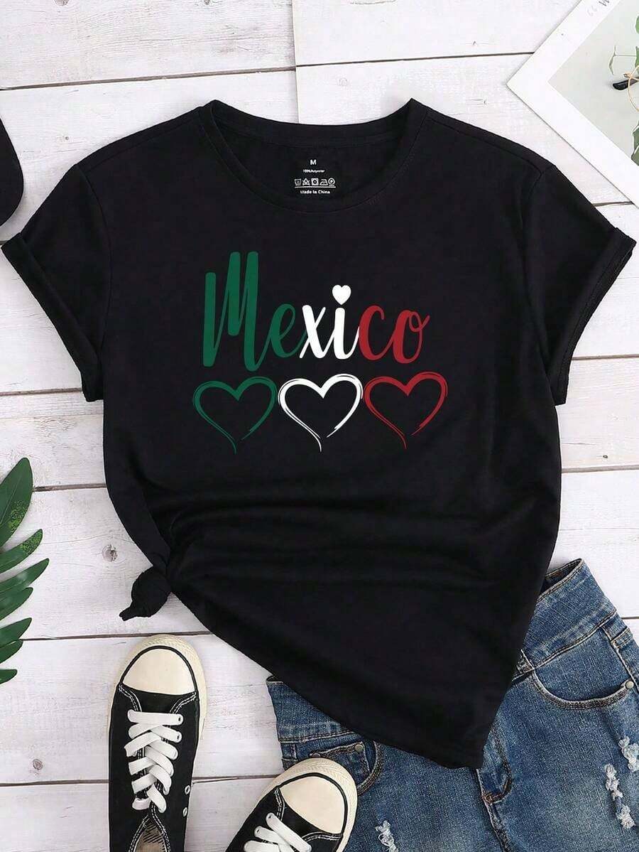 Playera mujer 1 pieza, casual regular para mujer, playera de manga corta con estampado de corazón de México para mujer, playera de manga corta con estampado de corazón, cómoda y casual para mujer, top negro para mujer, ropa casual diaria de primavera y verano. - Negro - Ver 1