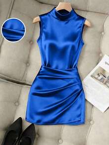 Nuevo vestido de mujer de moda con cuello alto brillante, sin mangas, cintura fruncida y asimétrico de ajuste ceñido - azul real - Ver 1