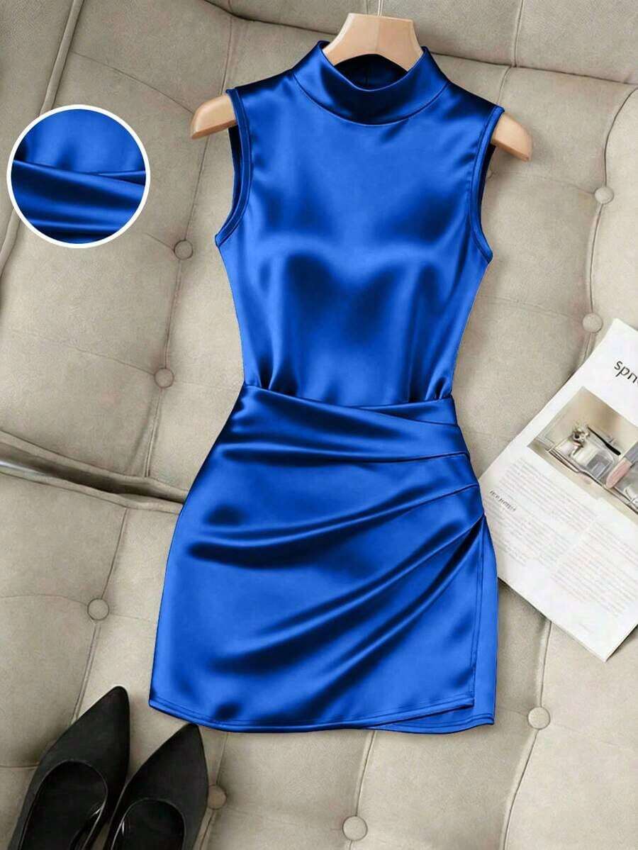 Nuevo vestido de mujer de moda con cuello alto brillante, sin mangas, cintura fruncida y asimétrico de ajuste ceñido - azul real - Ver 1