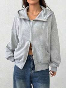 SHEI Women's Zip-Up Sweatshirt With Long Sleeves And Pocket, Casual Minimalist Style, Ideal For Graduation, Back To School, Teacher's Clothing, Fall/Winter Back To School - 灰色 - 查看 7