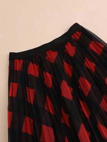 Falda midi de línea A de malla a cuadros vintage para mujer, falda plisada esponjosa de cintura alta adelgazante, adecuada para uso casual u oficina, ideal para todas las estaciones, excelente para Navidad y Año Nuevo, color rojo primaveral - Rojo - Ver 3