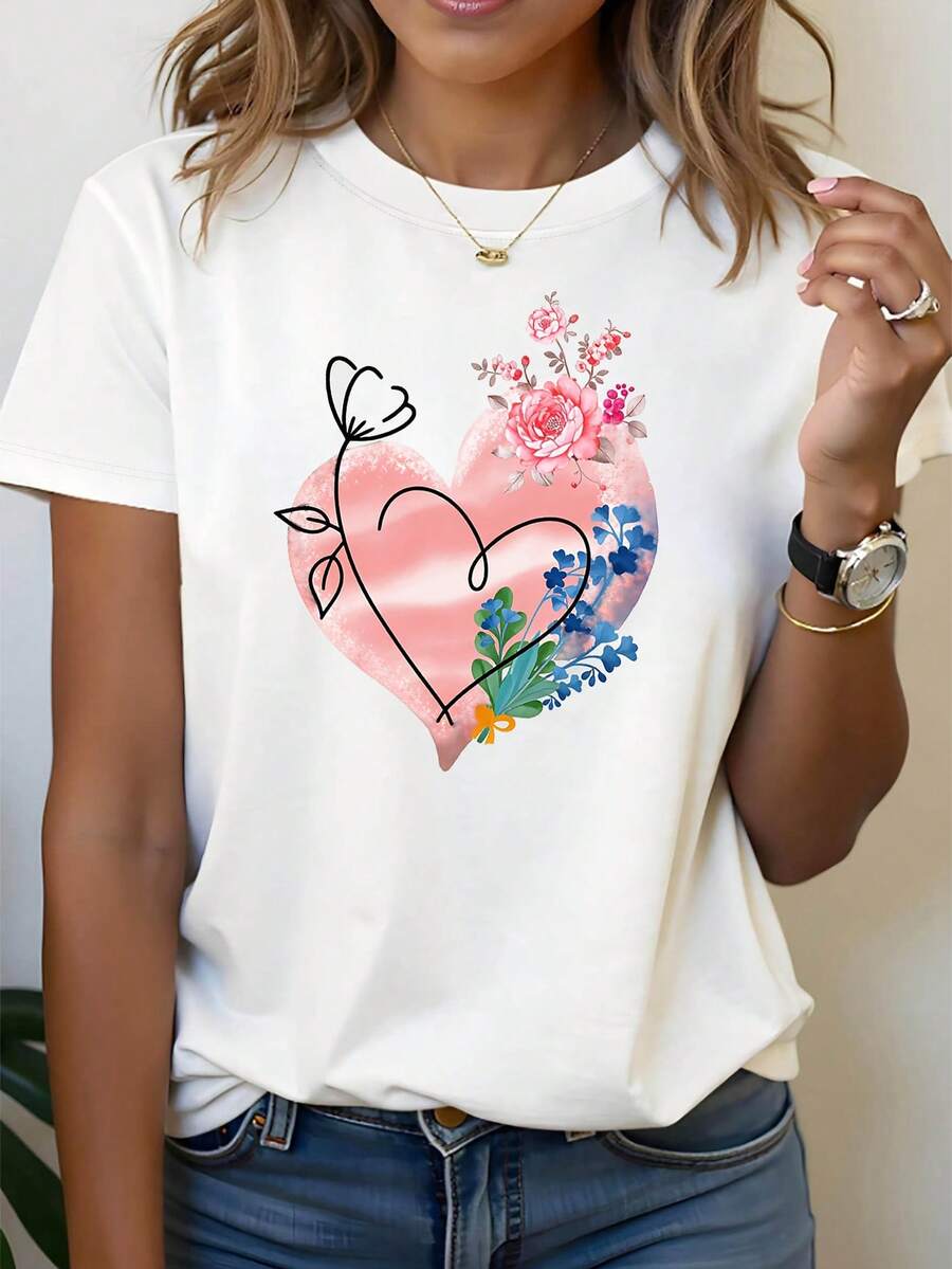 Women's T-Shirt 2026 With Watercolor Floral Heart Design, Floral Heart Print, Casual, Short Sleeve, Pink And Blue, Soft, Cool, Light And Sweet Style For Everyday Wear - 白色 - 查看 1
