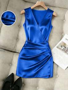 Vestido ajustado con cuello en V sin mangas, cintura fruncida e irregular, vestido de satén para mujer, vestido de primavera/verano para mujer, vestido elegante de fiesta para mujer, atuendo de vacaciones para mujer, atuendo del Día de San - azul real - Ver 5
