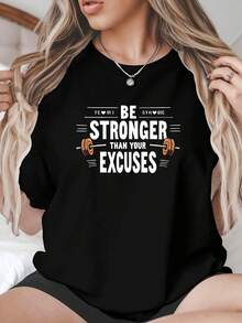 Women's Plus Size Motivational Fitness T-Shirt - Be Stronger Than Your Excuses Workout Top With Handstand Graphic, Soft And Breathable Summer Gym T-Shirt For Weight Training, Yoga And Casual Wear, Crew Neck Short Sleeve T-Shirt - 黑色 - 查看 1