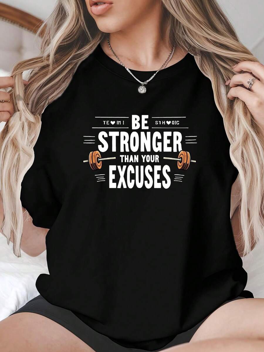 Women's Plus Size Motivational Fitness T-Shirt - Be Stronger Than Your Excuses Workout Top With Handstand Graphic, Soft And Breathable Summer Gym T-Shirt For Weight Training, Yoga And Casual Wear, Crew Neck Short Sleeve T-Shirt - 黑色 - 查看 1