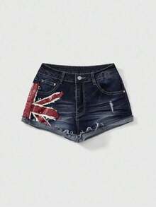 Grunge Punk Shorts vaqueros de cintura baja con estampado de bandera nacional de estilo vintage Y2K sexy para mujeres, para conciertos y festivales de verano - Azul - Ver 1