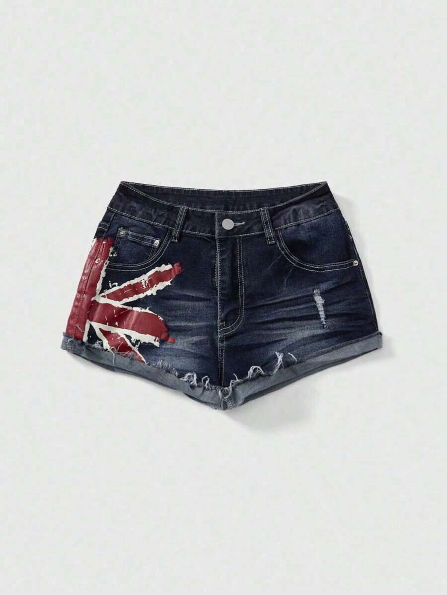 Grunge Punk Shorts vaqueros de cintura baja con estampado de bandera nacional de estilo vintage Y2K sexy para mujeres, para conciertos y festivales de verano - Azul - Ver 1