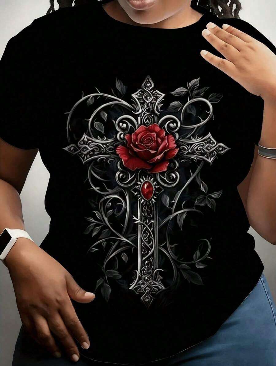 1 Piece Women's T-Shirt With Gothic Dark Rose And Cross Print - Ornate Cross Design With Red And Black Roses, Plus Size, Casual Crew Neck, 180g, 100% Cotton - 黑色 5 - 查看 1