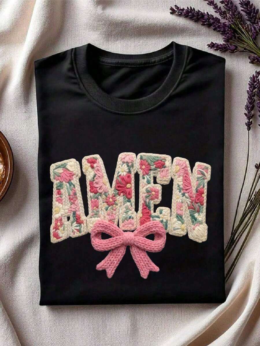 1 Piece Coquette Amen Synthetic Yarn Crochet T-Shirt, Christian Floral Knit Shirt, Retro Floral Religious Round Neck, Short Sleeve Boho Cottagecore Style. GA420180g 100% Cotton - 黑色 - 查看 1