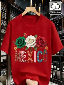 Camiseta con un vibrante estampado de rosas 'MÉXICO', hecha de 100% algodón, diseñada en un estilo retro Y2K. Esta camiseta unisex de cuello redondo es perfecta para la moda de verano, salidas casuales y eventos familiares. Camiseta de manga corta. - Rojo - Ver 4