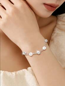 1 chiếc vòng tay hai lớp sang trọng bằng bạc S925 đính đá Zirconia và ngọc trai, trang sức thanh lịch, tinh tế, dành cho phái nữ, thích hợp cho các bữa tiệc, trang phục thường ngày, món quà tuyệt vời. - ngọc trai - Xem 7