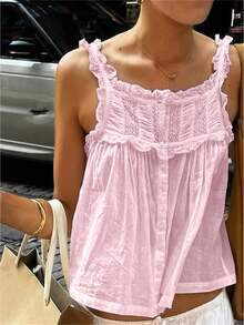 Women Summer Tank Tops Casual Lace Patchwork Buttons Sleeveless Shirt Basic Vest Aesthetic Clothes for Streetwear - Rosa - Ver 1