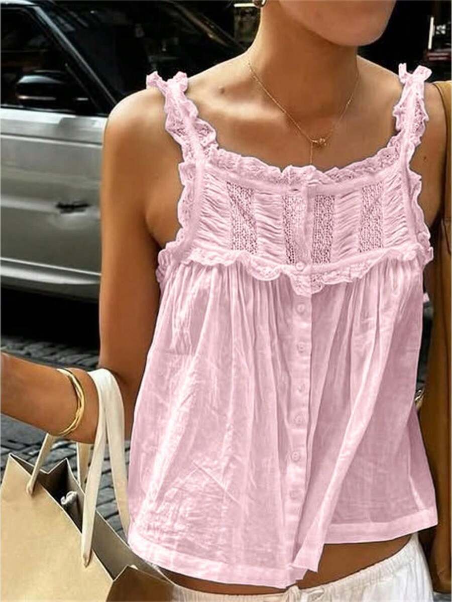Women Summer Tank Tops Casual Lace Patchwork Buttons Sleeveless Shirt Basic Vest Aesthetic Clothes for Streetwear - Rosa - Ver 1