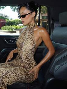 Leopard Print Dress With Halter Neck And Open Back, Fitted Cut - Gold - View 6