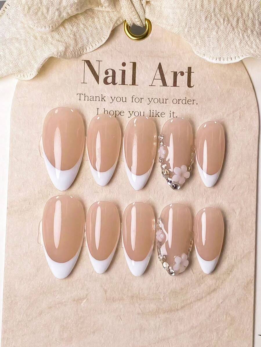 10 piezas de uñas postizas de almendra hechas a mano, estilo francés blanco con decoraciones de flores de strass. Versátiles para todas las formas de manos, adecuadas para salidas diarias, citas dulces y otras ocasiones. Una opción de regalo delicada y lujosa para damas. - Multicolor - Ver 1
