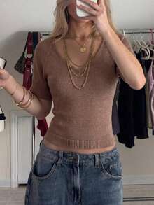 Women's New V-Neck Short Sleeve Knit Top, Sexy - Brownish-brown - View 2