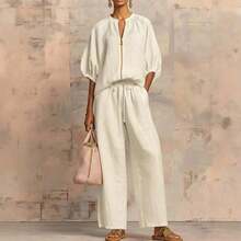 Modest Women's Knitted Fabric Blouse And Long Pants Two-Piece Outfit With Flounce Sleeves - 牛仔藍 - 查看 7