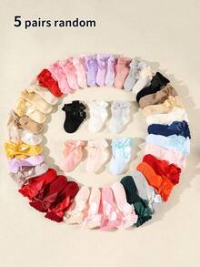 5 pares de calcetines de media caña para niños y niñas con decoración de moño en colores de caramelo aleatorios, estilo princesa con volantes, suaves y cómodos - Multicolor - Ver 10