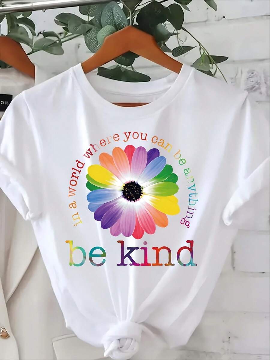 Summer New Arrival Casual White Cotton T-shirt With Rainbow Daisy Print Women's Fitted Short-Sleeve Tee with Fun Graphics, Perfect for Everyday & Casual Work Looks - Blanco - Ver 1