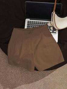casuales blancos de talle alto y holgados para mujer, shorts anchos estilizadores - Marrón - Ver 4