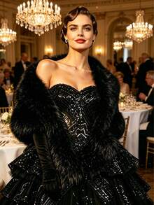 Khăn choàng lông đen cho cô dâu mùa hè, áo khoác ngoài cho váy cưới trong không gian có điều hòa, khăn choàng lông giả cho tiệc cưới. - màu đen - Xem 11