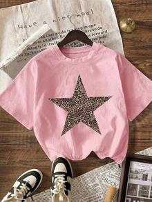 Camiseta de manga corta de cuello redondo con estampado de leopardo y estrella, casual de verano para mujer - Rosa Pálido - Ver 5