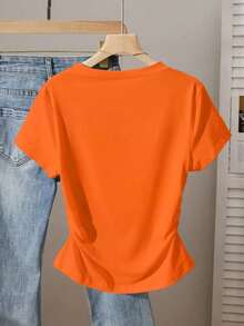 Blusa casual de mujer con estampado de leopardo, cintura fruncida, adecuada para exteriores, citas, vuelta al colegio, versátil, color vino tinto con diseño de corazón - Naranja - Ver 2